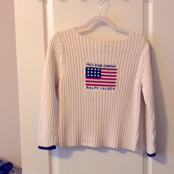 RALPH LAUREN. Polo Jeans Co. / 100 % Cotton Sweater Tan, w/ Red and Blue - Picture 2 of 6